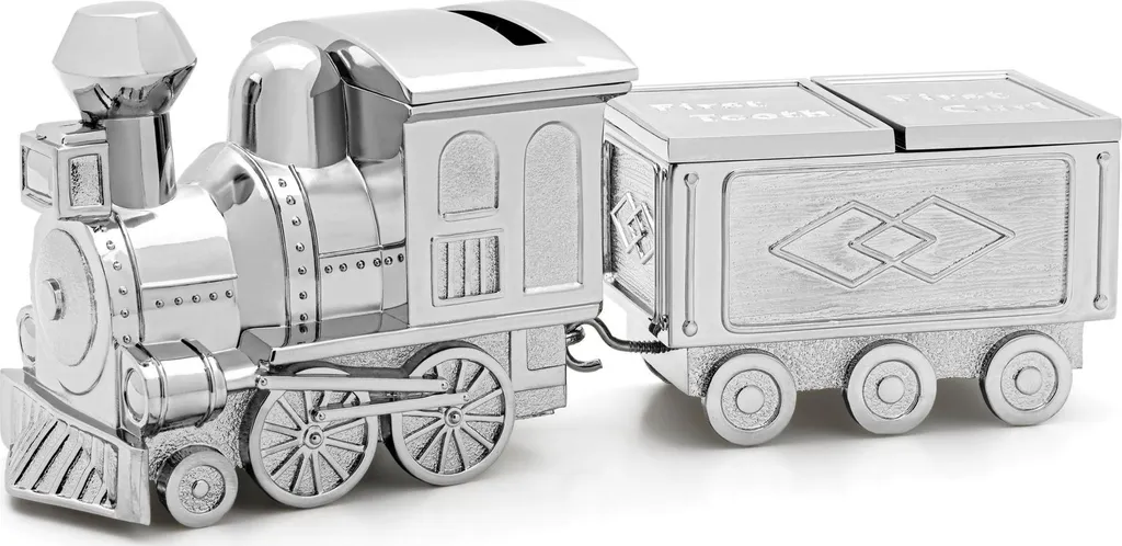 Tirelire enfant locomotive en métal argenté avec clé de sécurité 17cm