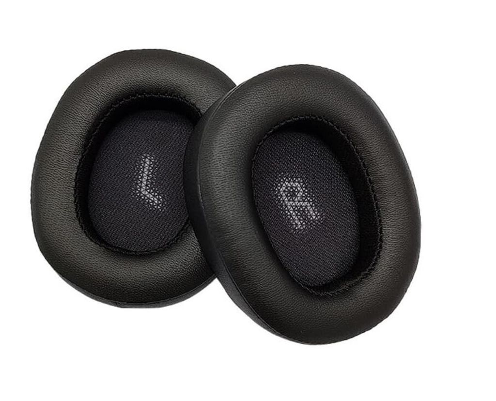 Two black ear pads for headphones are shown against a white background.
