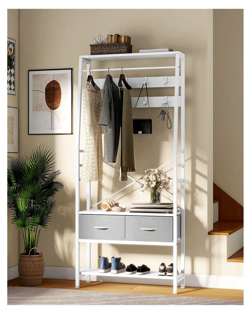 Garderobenregal mit Schuhschrank, freistehender Dielenbaum mit Bank und 2 klappbaren Schubladen, Industriegarderobe mit 8 Haken für Flur, Wohnzimm...