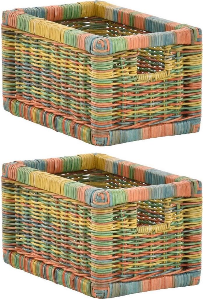 KRINES HOME Stabiles Set / 2 Regalkorb mit Holzrahmen Schubfach aus echtem Rattan / Schübe Box zur Aufbewahrung Regalkorb Schrankkorb Griff (Bunt,...