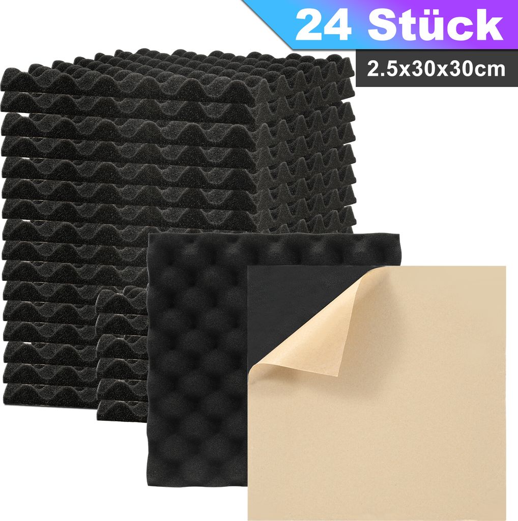 Aopunly 24 Stück Akustikschaumstoff Akustikschaum Matten Wellenmuster 30 x 30 x 2.5cm Schalldämmmatten zur effektiven Schaumstoff Fliesen Schwarz