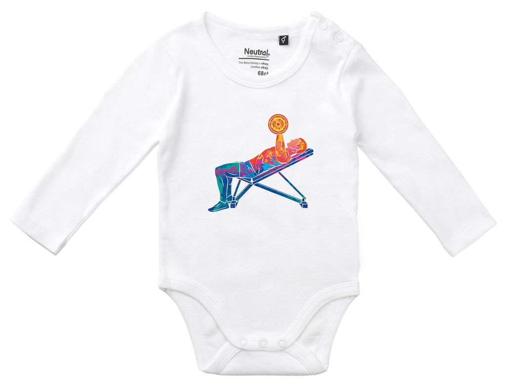 Huuraa Baby Body Fitness Training Bench Press bunte Silhouette 62 White Baumwolle Fairtrade Langarmbody Geschenkidee