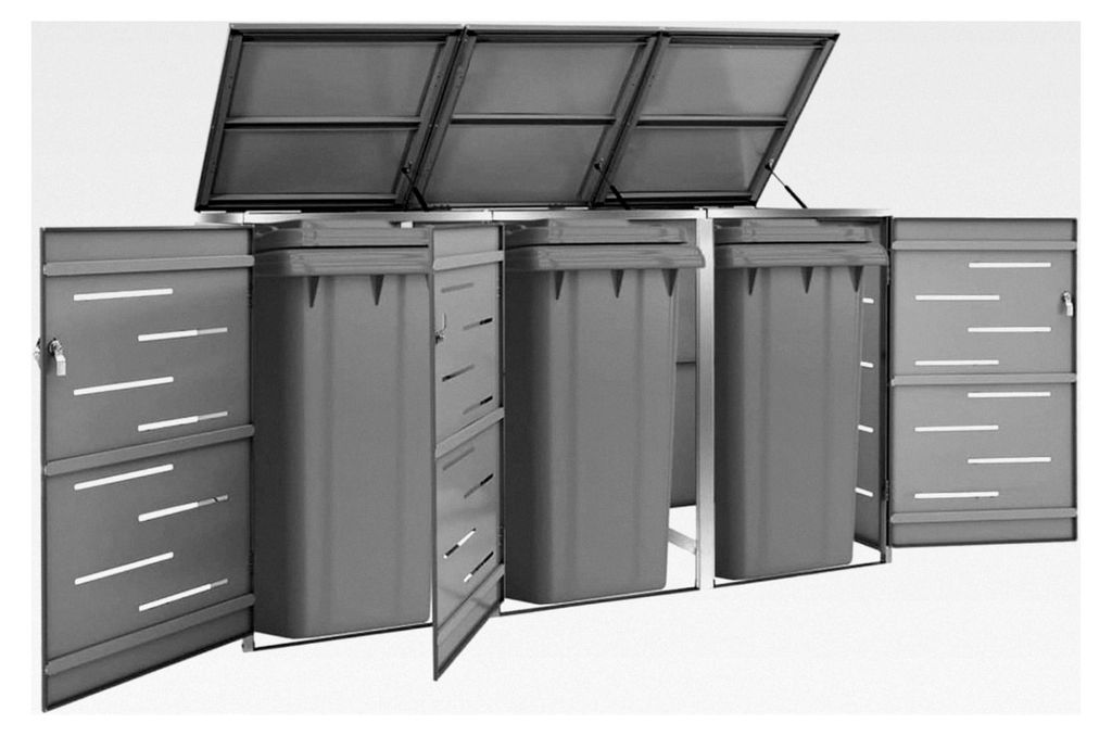 Mülltonnenbox für 3 Tonnen aus Edelstahl-Anthrazit, 240 l, Metall, abschließbar, 207 x 77,5 x 115 cm