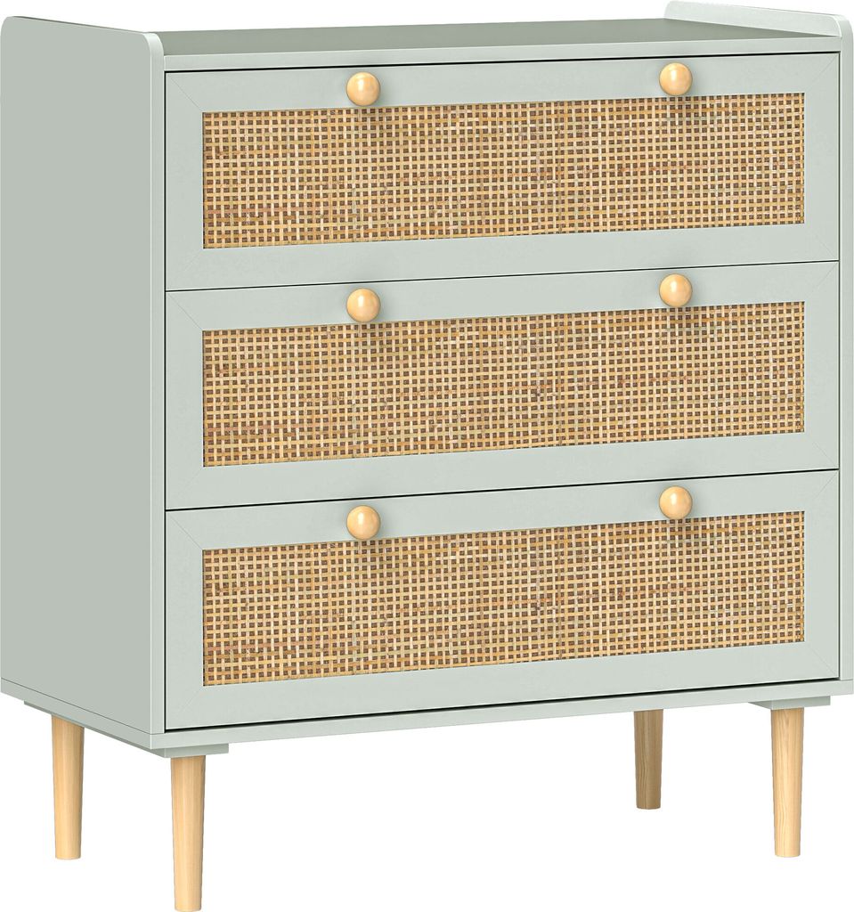 A light green dresser with three rattan-look drawers and wooden legs.