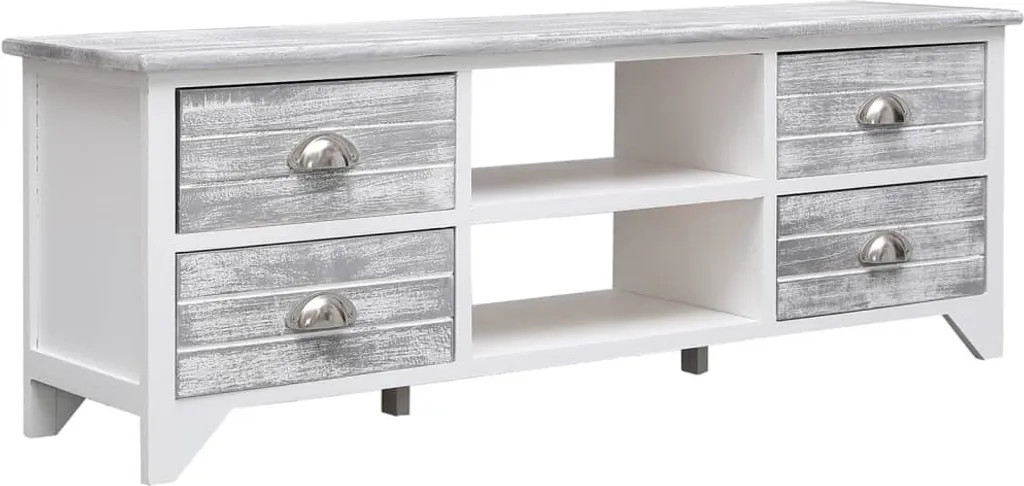 Meuble TV blanc et gris en bois de paulownia massif L108 cm - Linea
