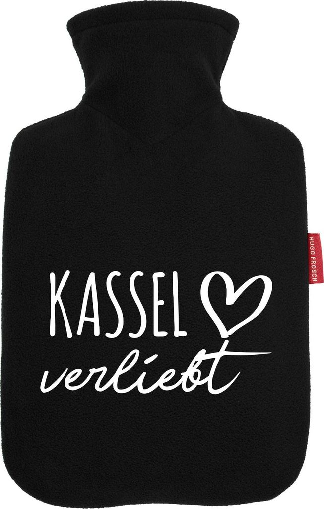 Huuraa Wärmflasche Kassel verliebt 1,8 Liter Black Classic Veloursbezug Bettflasche Geschenkidee