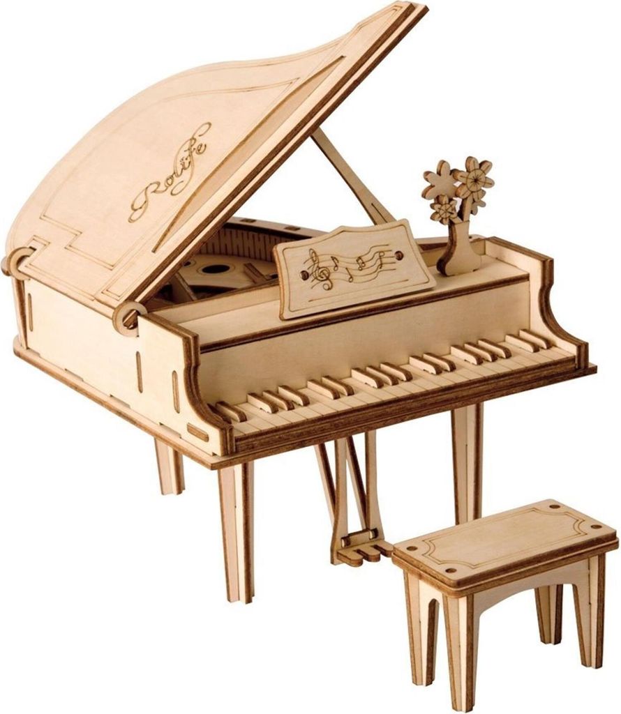 A 3D wooden model of a grand piano with a bench and a small vase of flowers.