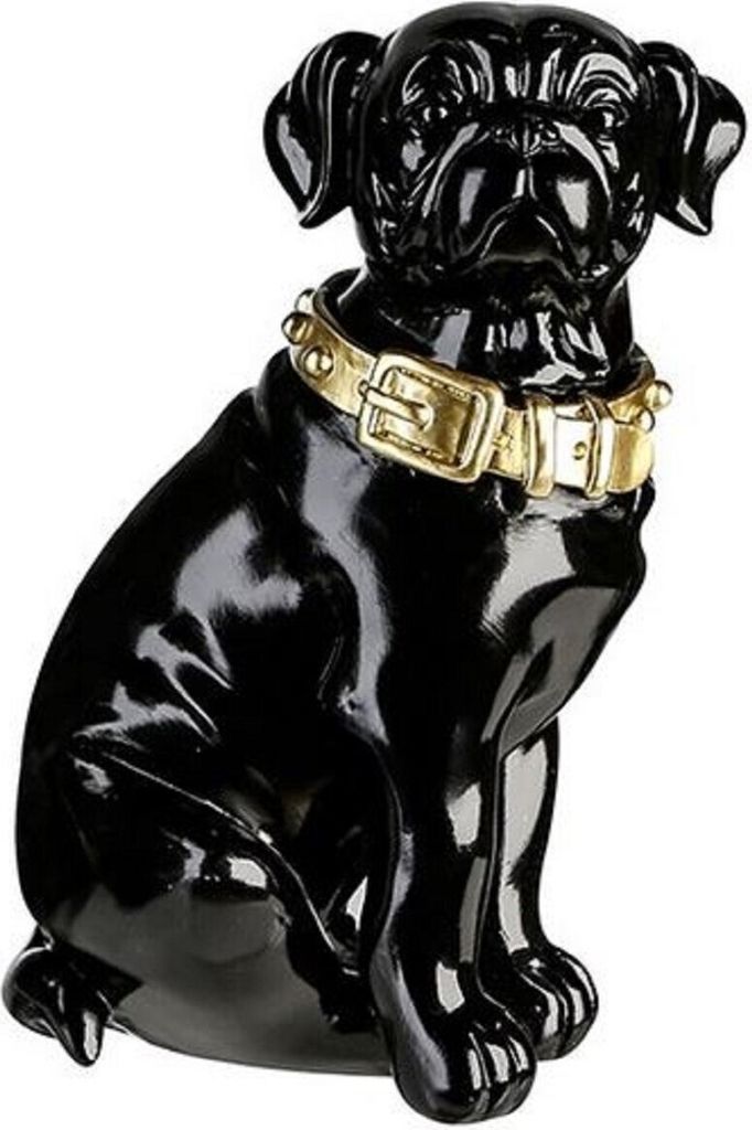 Casa Padrino Dekofigur Hund mit Halsband Schwarz glänzend / Gold 16 x 15 x H. 26 cm - Deko Accessoires