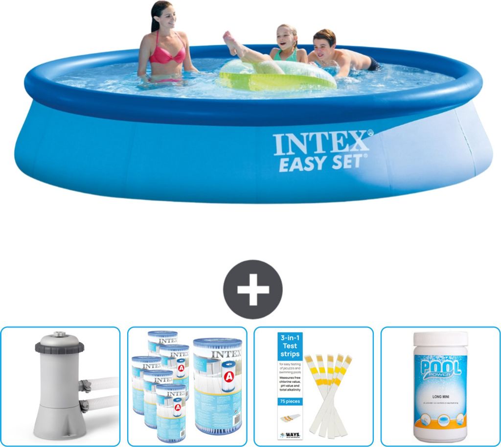 Intex runder aufblasbarer Easy Set-Schwimmpool – 396 x 84 cm – Blau – inklusive Pumpe Filter - Teststreifen - Chlor