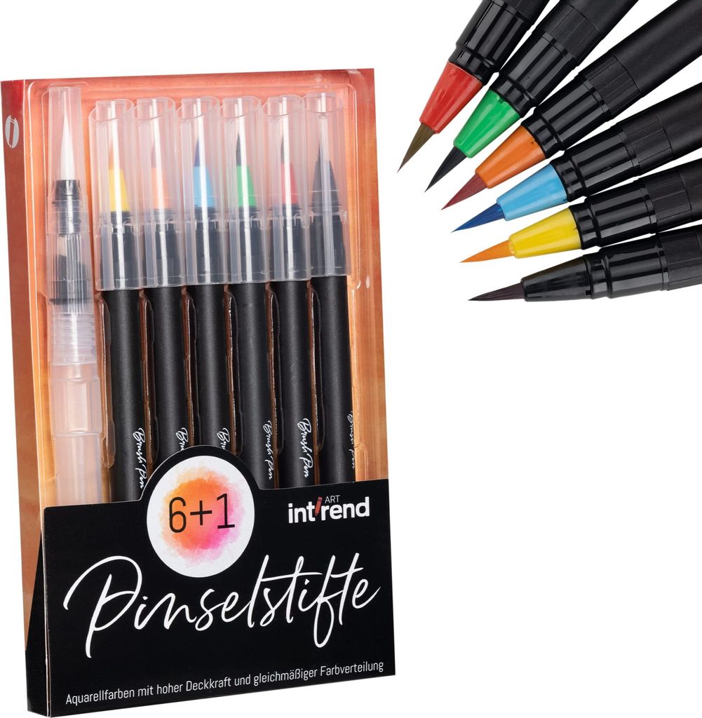 int!rend Pinselstifte 7er Set I 6 Aquarellfarben, 1 Wassertankpinsel I Optimales Einstiegsset - Brush Pen, Stifte mit flexibler Pinselspitze, Bulle...