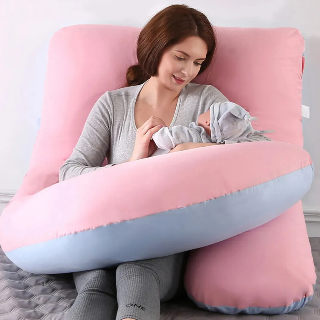 Coussin d'allaitement 145cm déhoussable, maintien latéral en forme de J rose