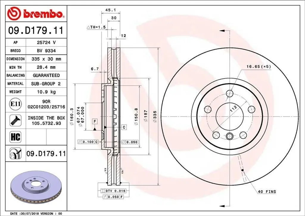 Disque de frein ventilé Brembo 09.D179.11 pour Mini Cooper F56 F57