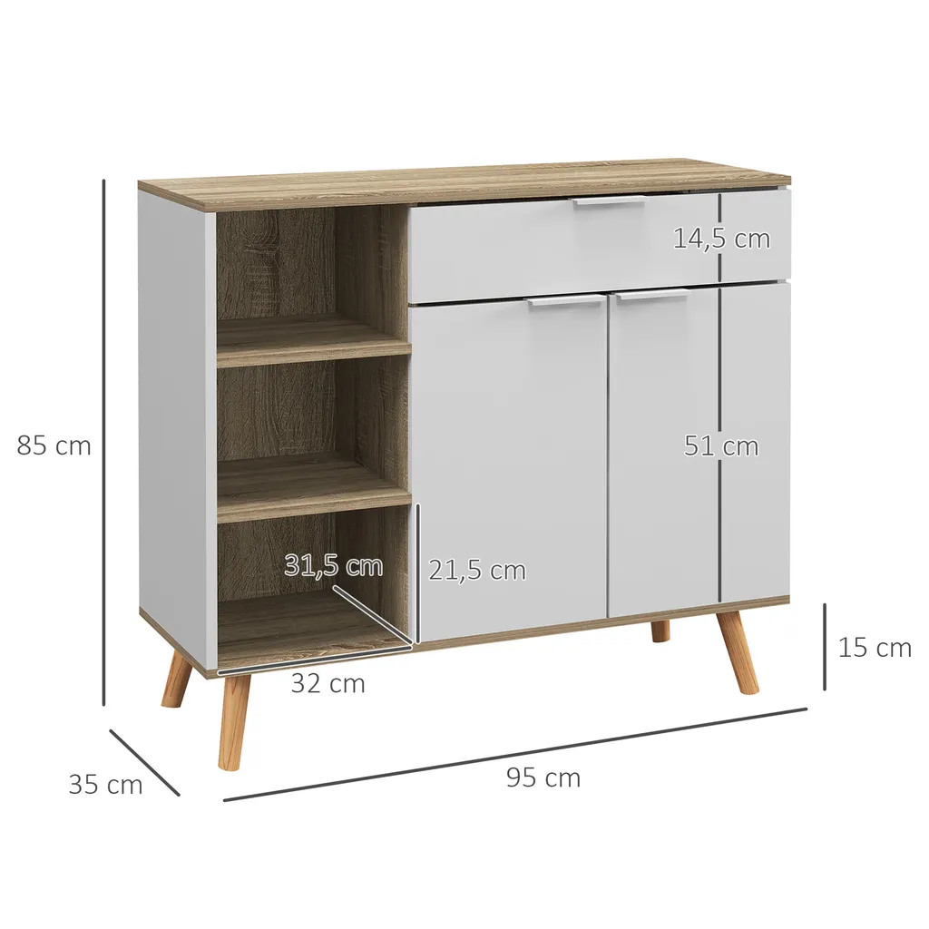 HOMCOM Buffet de cuisine blanc commode de rangement avec étagères réglables - 5