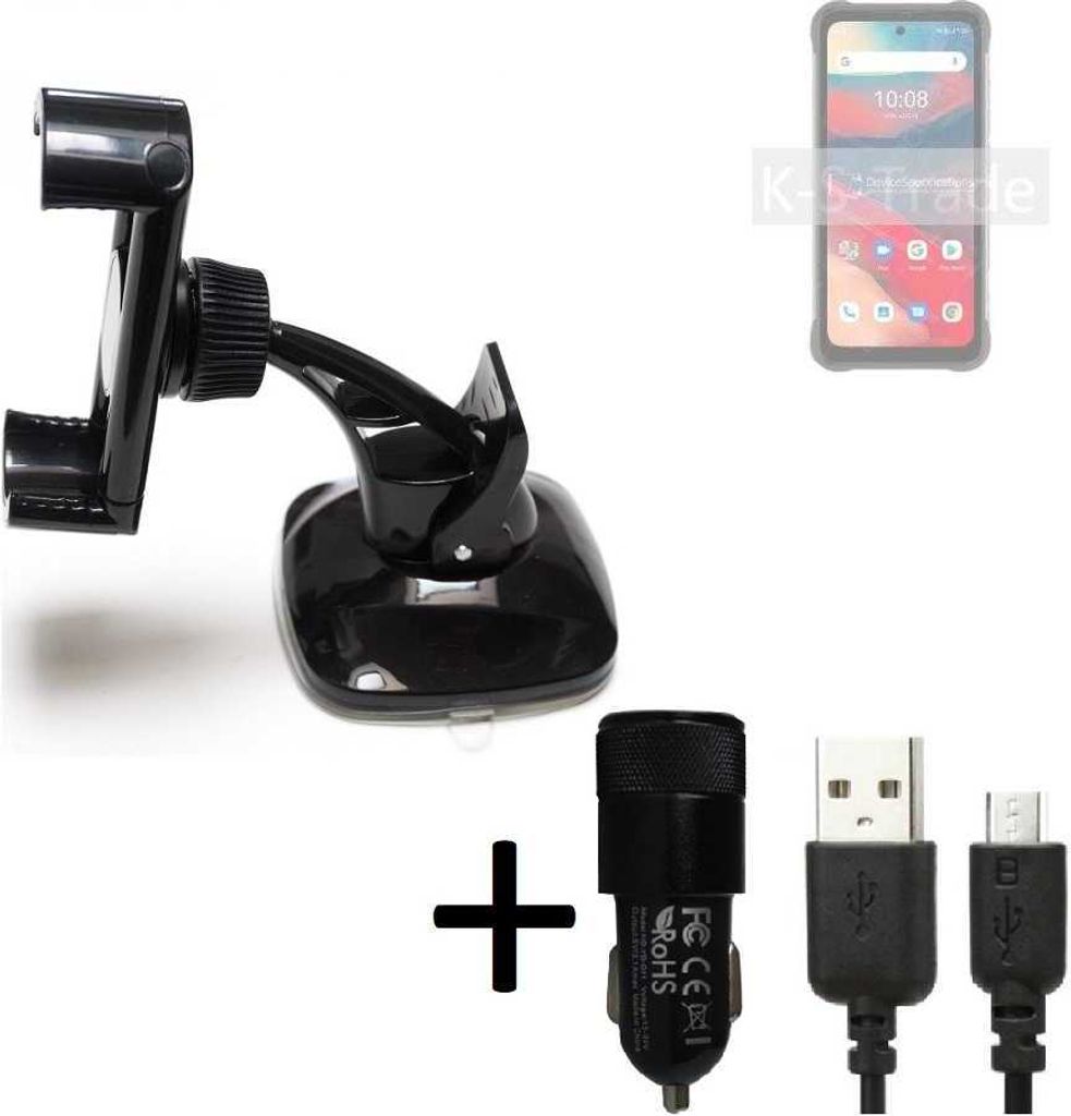 K-S-Trade Halterung kompatibel mit UMIDIGI Bison GT2 Windschutzscheibe / Armaturenbrett + LADEGERÄT mit Mico USB Kabel Autohalterung KFZ Halter