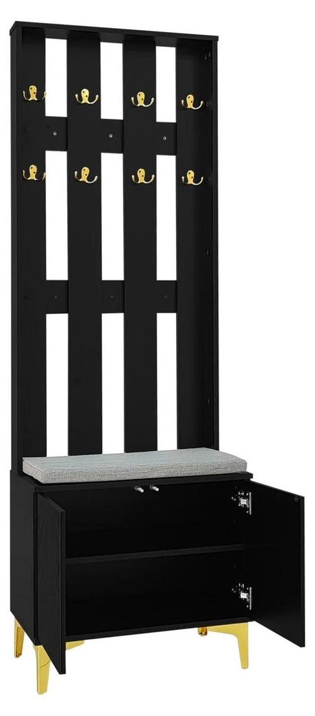 Garderobenständer Flurmöbel - Garderobe mit Bank - 60,5×180,5×35,2 cm - Schuhregal - Sitzkissen - Schwarz