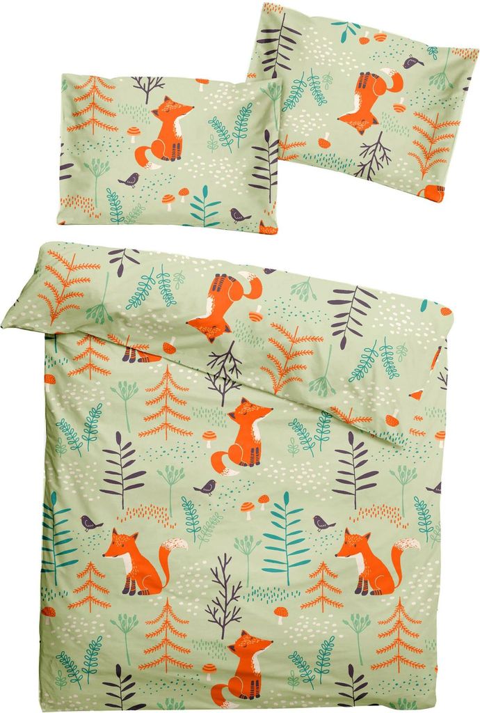JACK Fein Biber Bettwäsche Baby 2 tlg. 100x135cm Fuchs Wald Natur Grün mit Reißverschluss