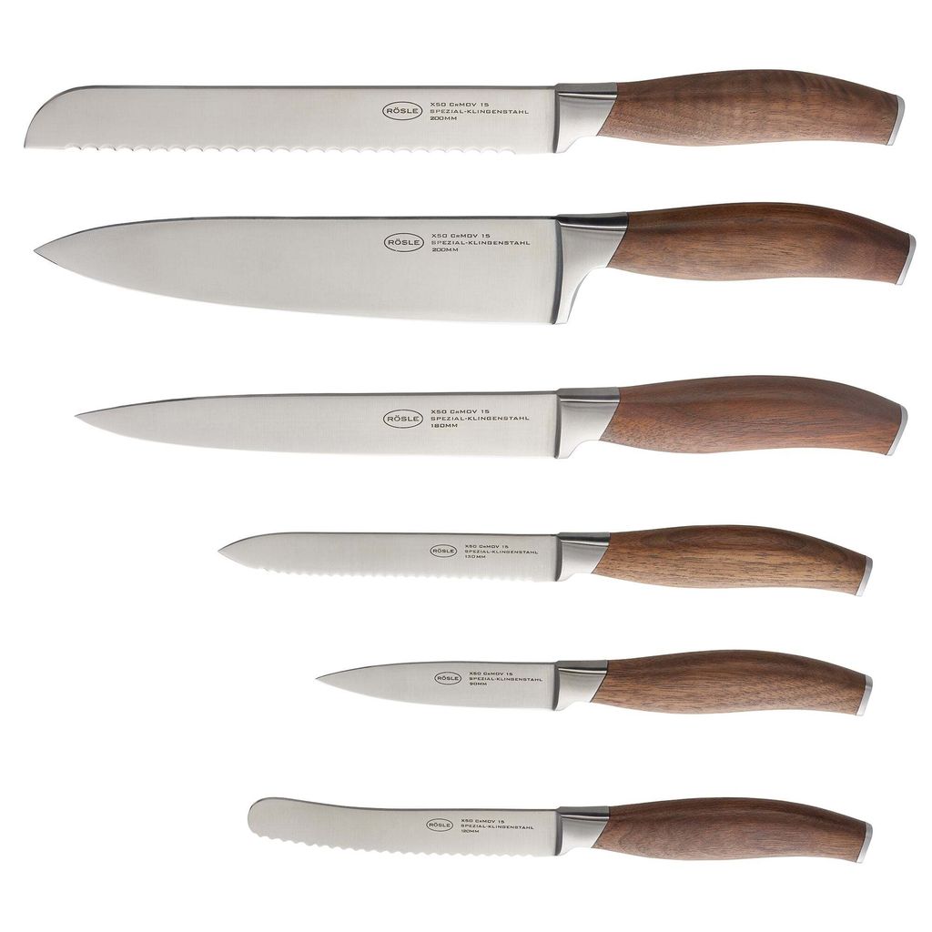 A set of five knives with wooden handles are displayed against a white background.