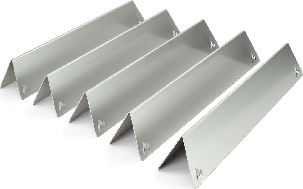 A set of five stainless steel heat shields for a grill, arranged diagonally on a white background.