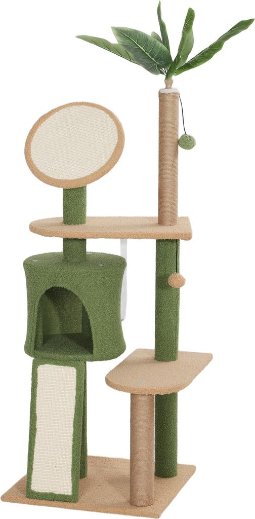 Kratzbaum, 139 cm Katzenbaum mit Höhle, Spielbällen, Sisal-Kratzpfosten und Plattformen, für zwei Katzen, Grün
