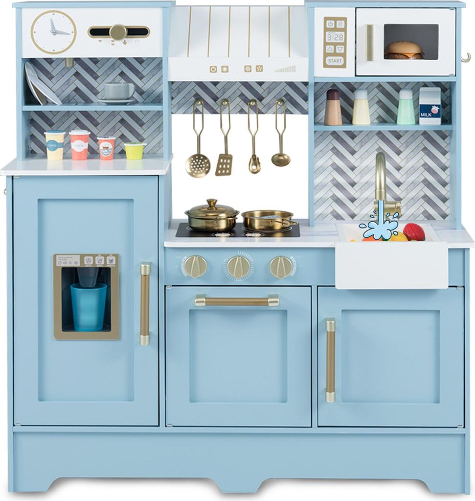 COSTWAY Kinderküche mit Zubehör, Spielküche Holz mit Herd, Wasserhahn, Spüle, Mikrowelle & Kaffeemaschine, Spielzeugküche Holz für Kinder ab ...
