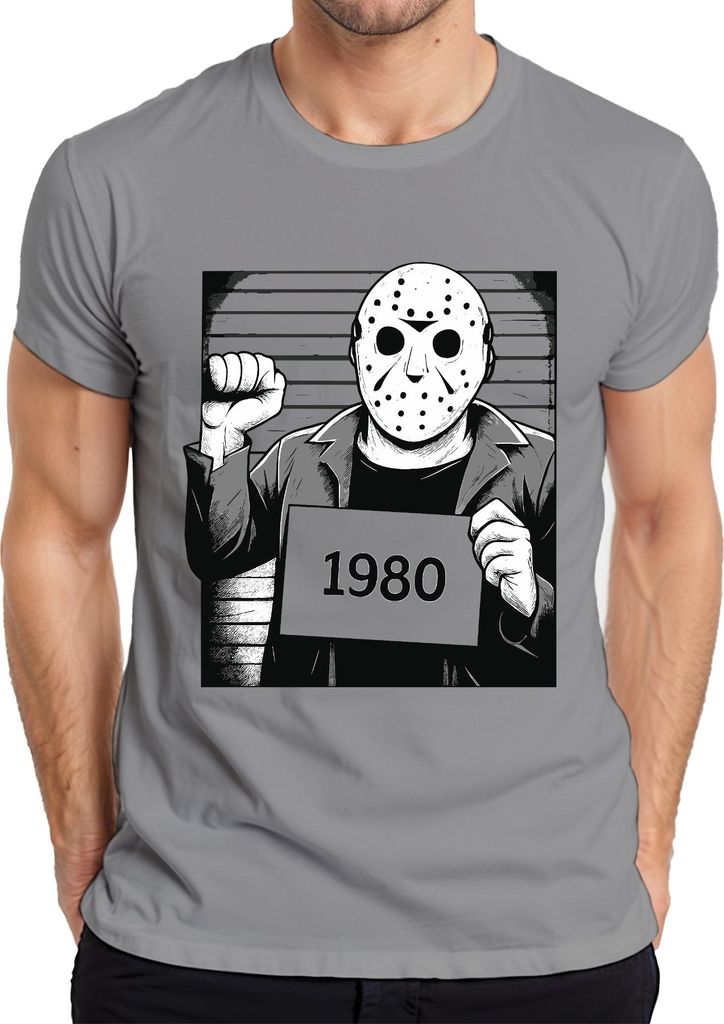 Horror Hockeymaske 1980 Slasher Polizeifoto Retro Vintage Grunge Herren T-Shirt, Grau, XXL