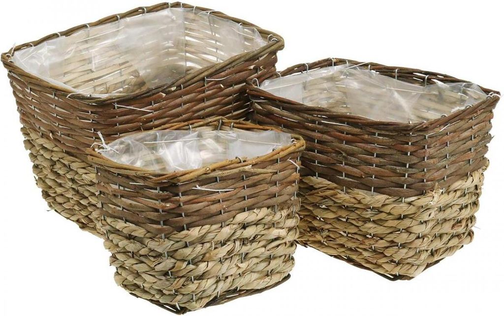 Pflanzkorb-Set 3er Quadratisch Naturholz Schilf Deko-Körbe für Blumen & Pflanzen L29,5/26/23cm H21/19/16cm