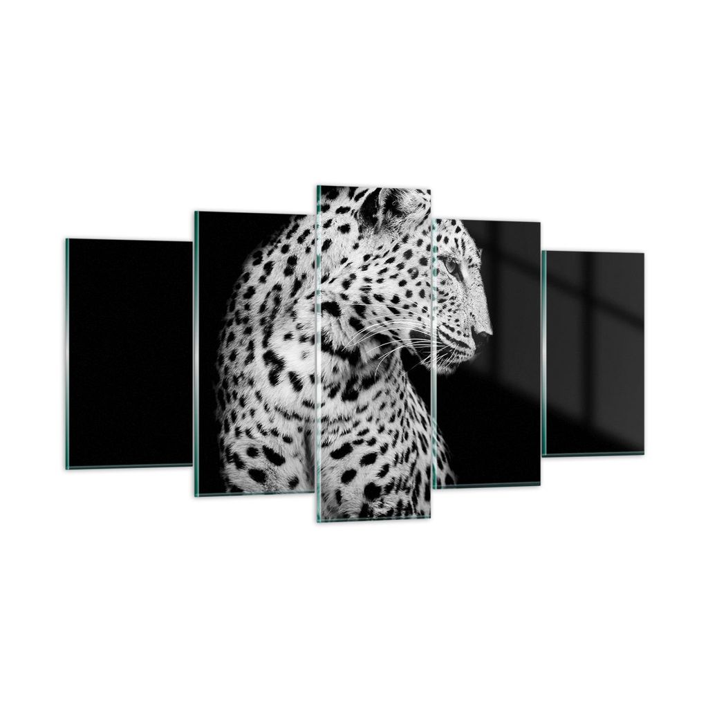 Bilder auf glas - 5 Teile - Leopard Panther Katze - 160x85cm - Glasbilder - Wandbilder - Bilder - zum Aufhängen bereit - Wanddekoration aus Glas -...