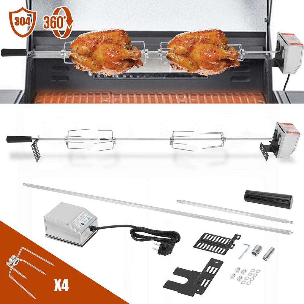 Faziango 117 cm Edelstahl Grillspieß Set mit Motor 220–240V, Elektrischer Drehspieß inkl. 4 Fleischklammern & 4 Fleischnadeln, BBQ Rotisserie