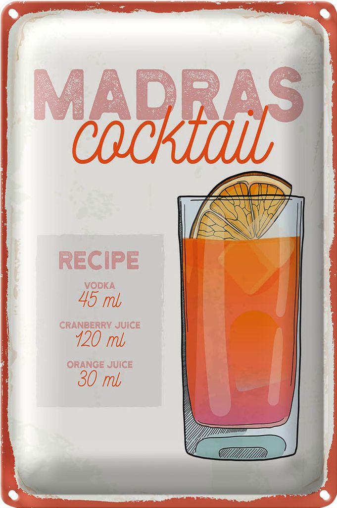 Blechschild Rezept Madras Cocktail Recipe Vodka 20x30cm