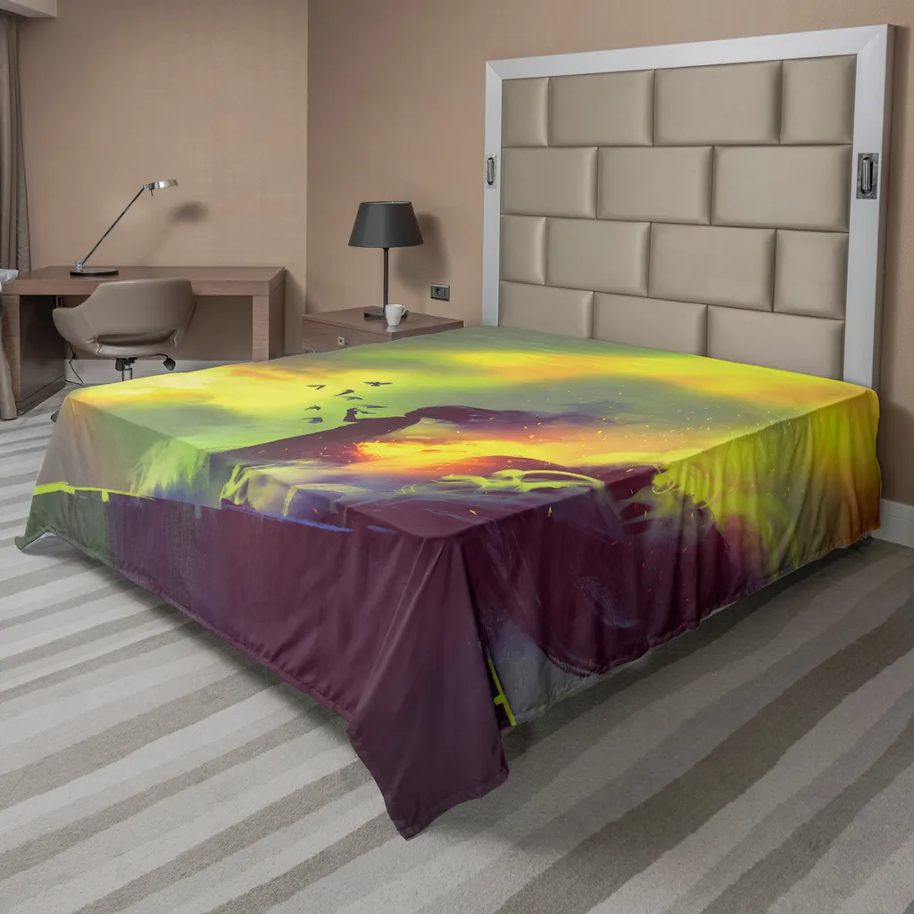 Drap Plat Confortable Illustré Flammes Mystiques Jaune Vert 244 x 205 cm