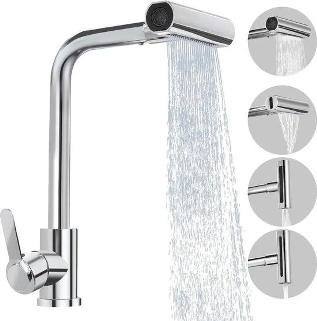 Mitigeur cuisine 4 jets anti-éclaboussures inox - Robinet haut 361 mm