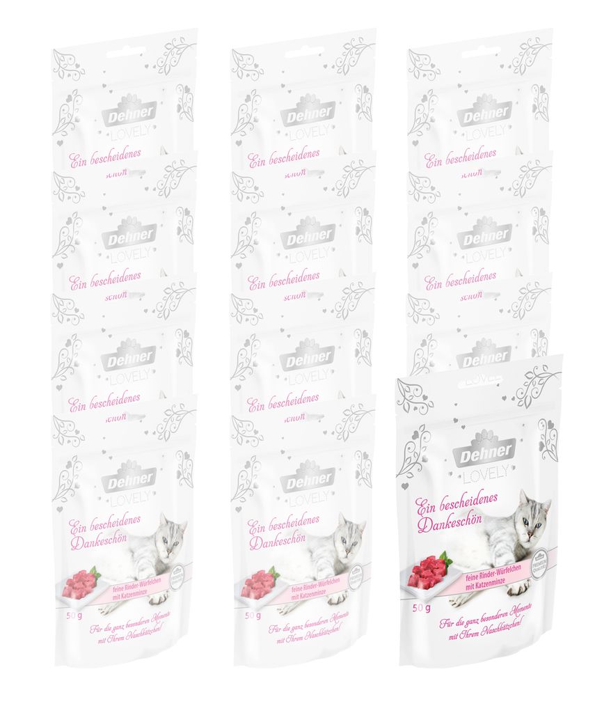 Dehner Premium Lovely Katzensnack, Ergänzungsfutter zuckerfrei / glutenfrei, für ernährungssensible Katzen, Rind / Minze, 12 x 50 g (600 g)