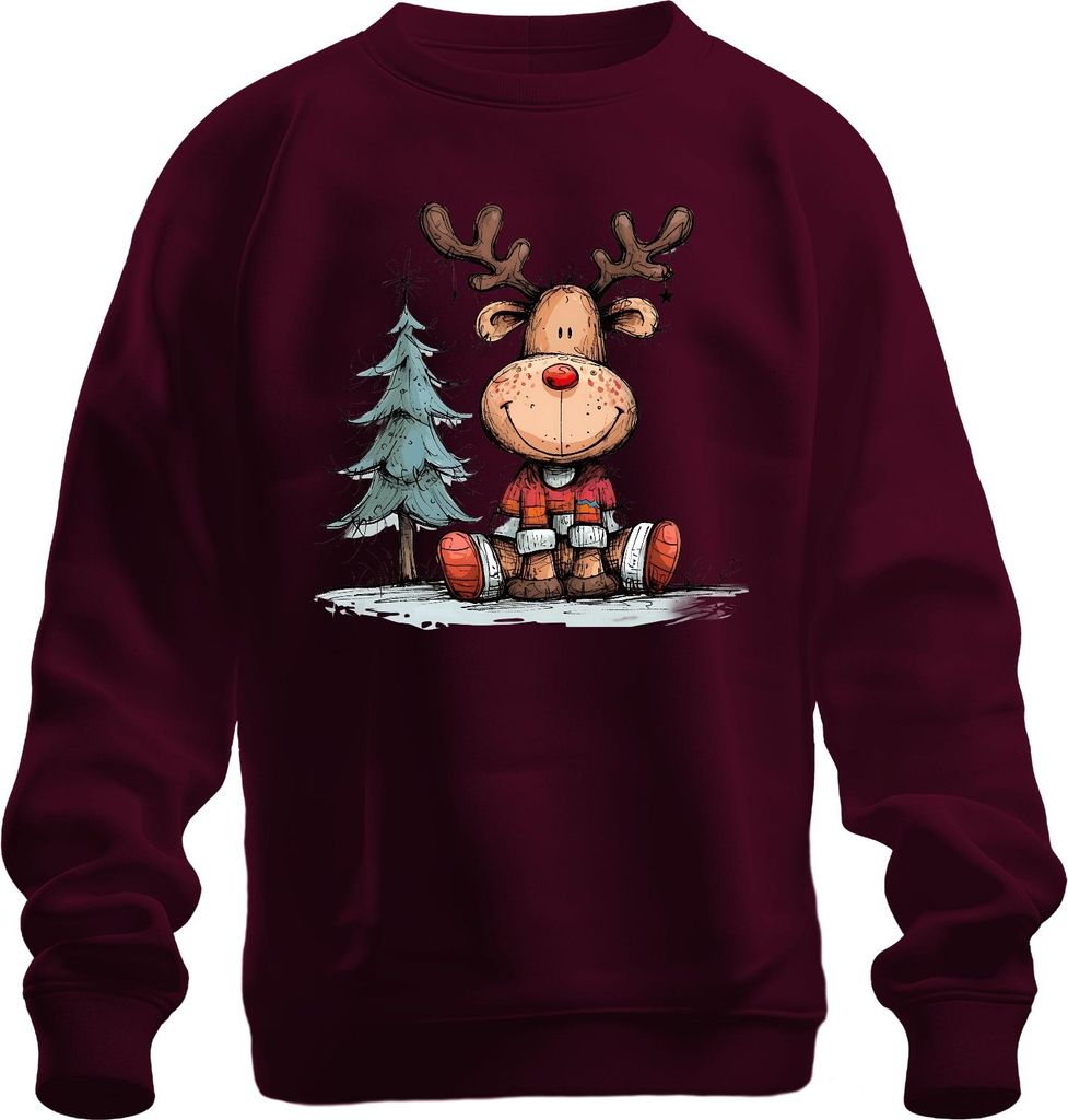 Lustiges Rentier mit roter Nase Weihnachtsbaum Geschenk Winter Uni Sweatshirt Pullover, Burgundy, S