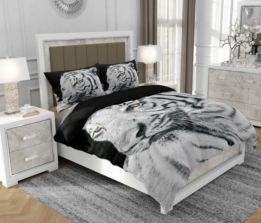 Bettwäsche 140x200 cm + 2x70x80 cm, 3-teilig, 100% Baumwolle, Satin, Reißverschluss, Tiger, Schwarz - SOVIO | So.0047