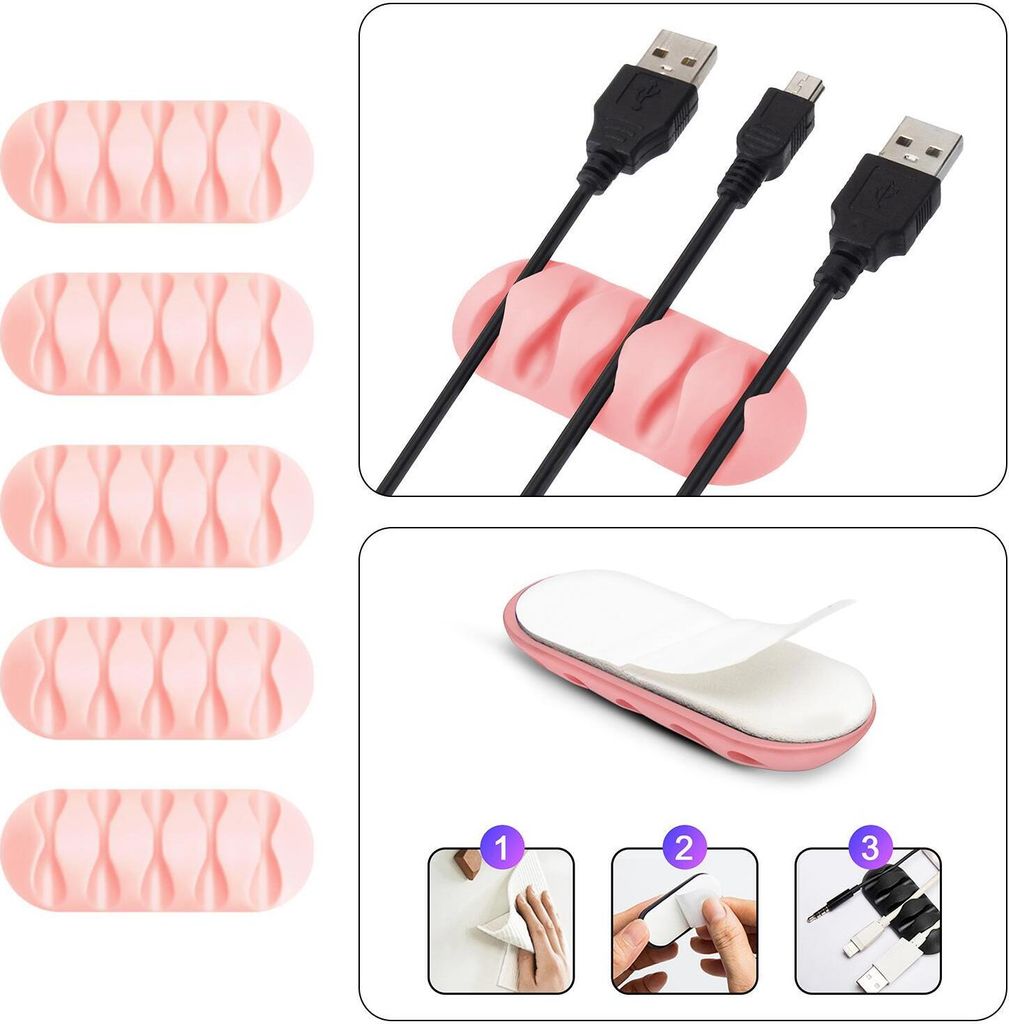 Kabel Organizer Kabelmanager 5-fach Kabelhalter Klemme Clip selbstklebend Schreibtisch Büro Farbe: Pink Menge: 5 Stück