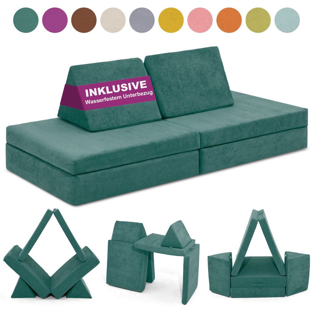 Linodino Spielsofa - Kindersofa | Kinder Couch als Kuschelecke und Indoor Spielplatz | Kinder Sofa aus Schaumstoff Bausteinen I Urwaldgrün