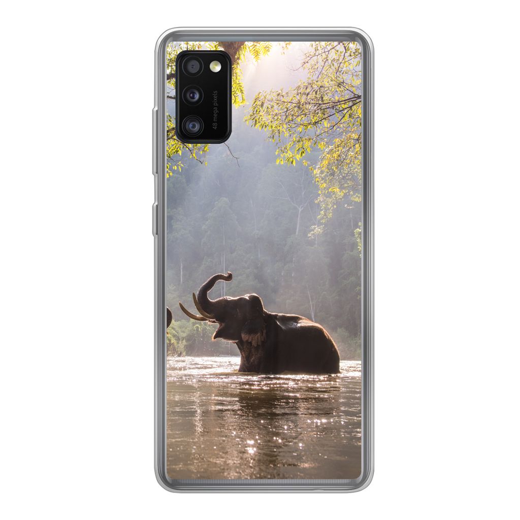 MuchoWow Handyhülle Schutzhülle Hülle für Samsung Galaxy A41 Elefant - Wasser - Tiere - Bäume - Sonne Silikon Softcase Handy Hülle - Mobilt...