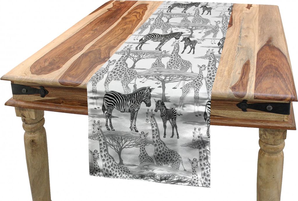 ABAKUHAUS afrikanisch Tischläufer, Zebras Giraffen und Bäume, Esszimmer Küche Rechteckiger Dekorativer Tischläufer, 40 x 225 cm, Grau und Weiß
