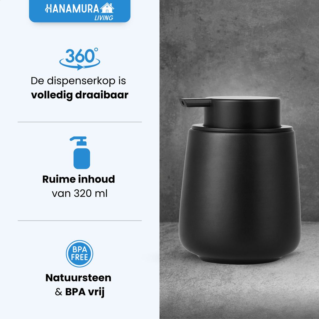 Hanamura Seifenspender – Freistehender Seifenspender – Für Küche & Bad – Schwarz – Keramik - 2er-Satz