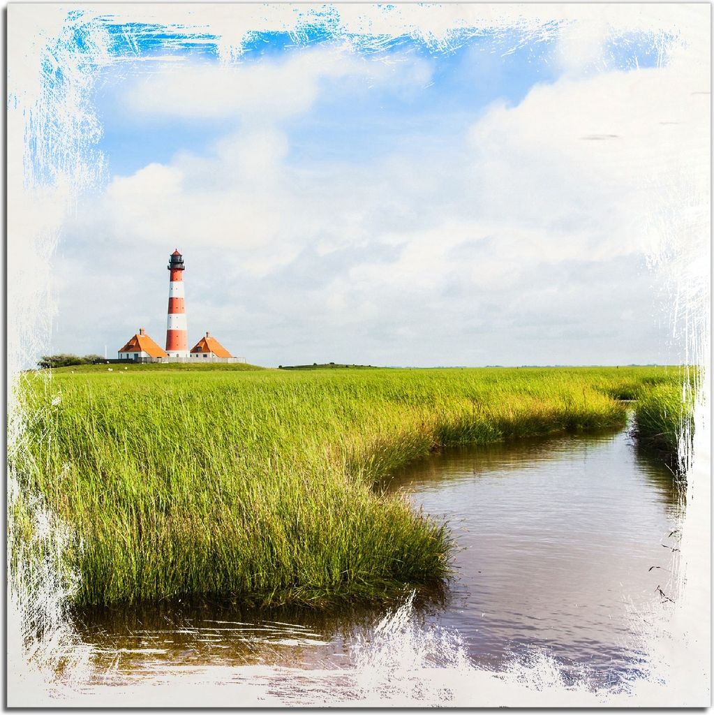 Kunstdrucke Wandbilder Holz in : Brillante Farben, Größe 50 x 50 cm Motiv Kleiner Bach durch Schilf auf dem Weg zum Leuchtturm