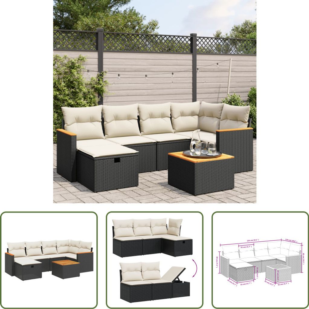 The Living Store 7-tlg. Garten-Sofagarnitur mit Kissen Schwarz Poly Rattan