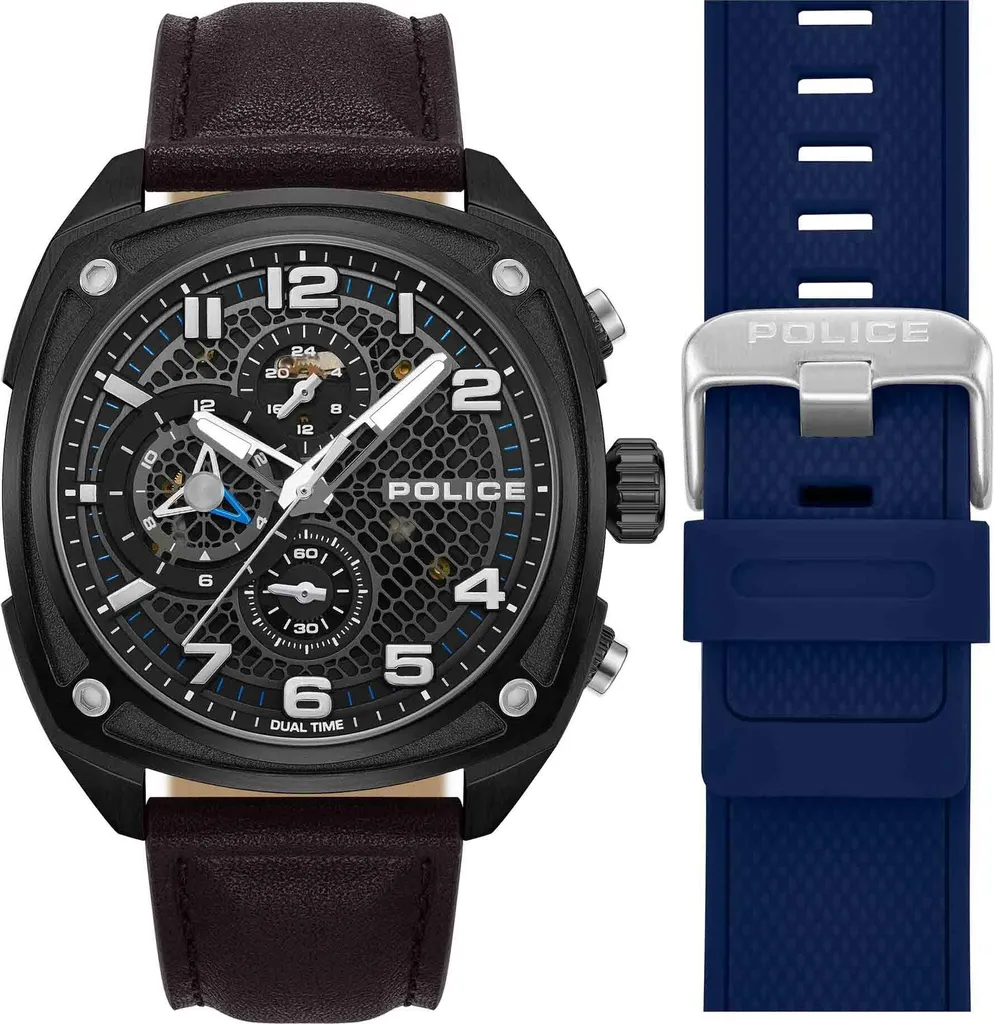 Montre Analogique Homme Police Marron avec Bracelet Cuir Classique