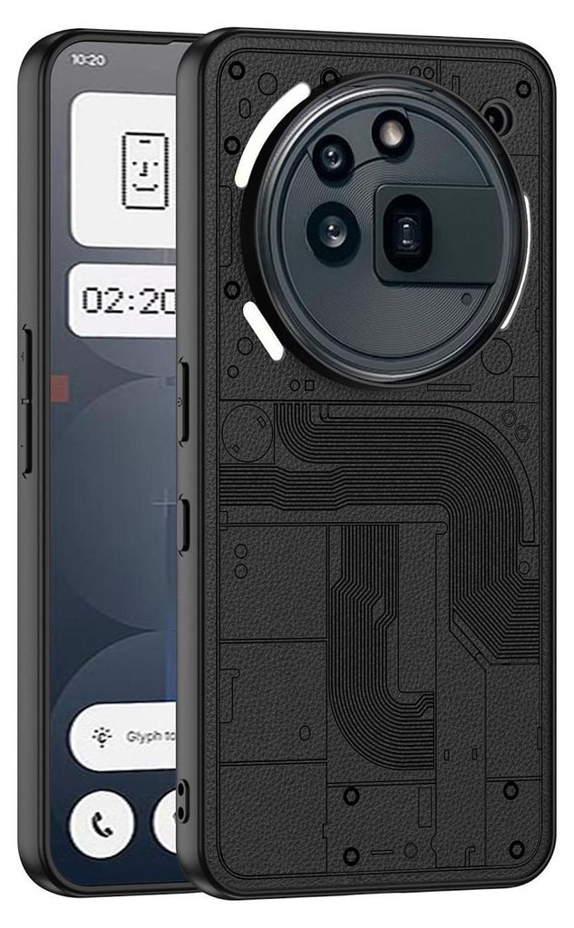 A black phone case with a textured, circuit-board-like design is shown on a black background. The phone itself is partially visible on the left side, displaying a screen with widgets.