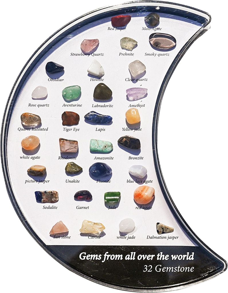 Mondförmige Natursteinbox mit 32 verschiedenen Kunstedelsteinen, Lernset für Kinder, Mineralsteine, Lerndisplay, Acrylgehäuse, Steinsammler, Ges...