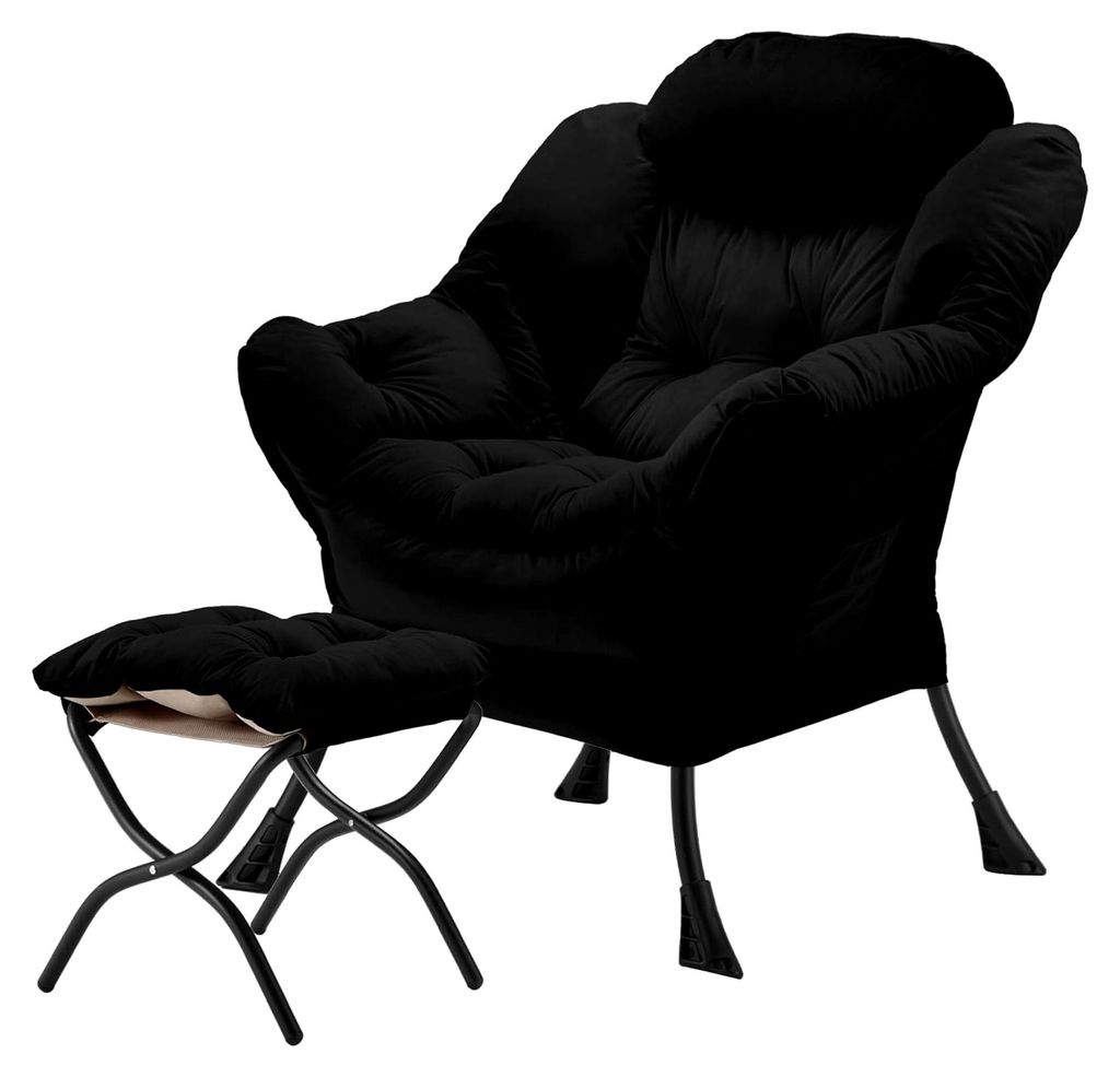 Lazy Chair mit klappbarer Ottomane, Samt gepolstert mit Metallstruktur und rutschfesten Pads, Sofasessel mit Fußstütze und seitlicher Aufbewahrun...