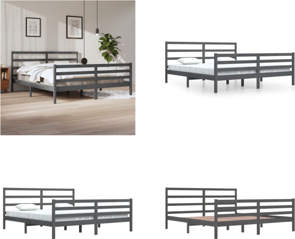vidaXL Massivholzbett Grau Kiefer 200x200 cm - Bettrahmen - Bettgestell - Bett - Holzbett