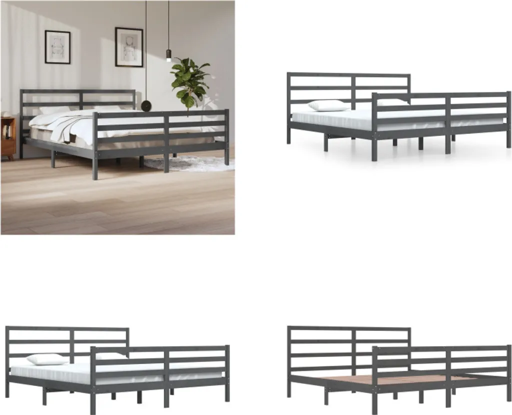 Lit 2 places 200x200 cm gris en bois - Idéal pour chambre parentale