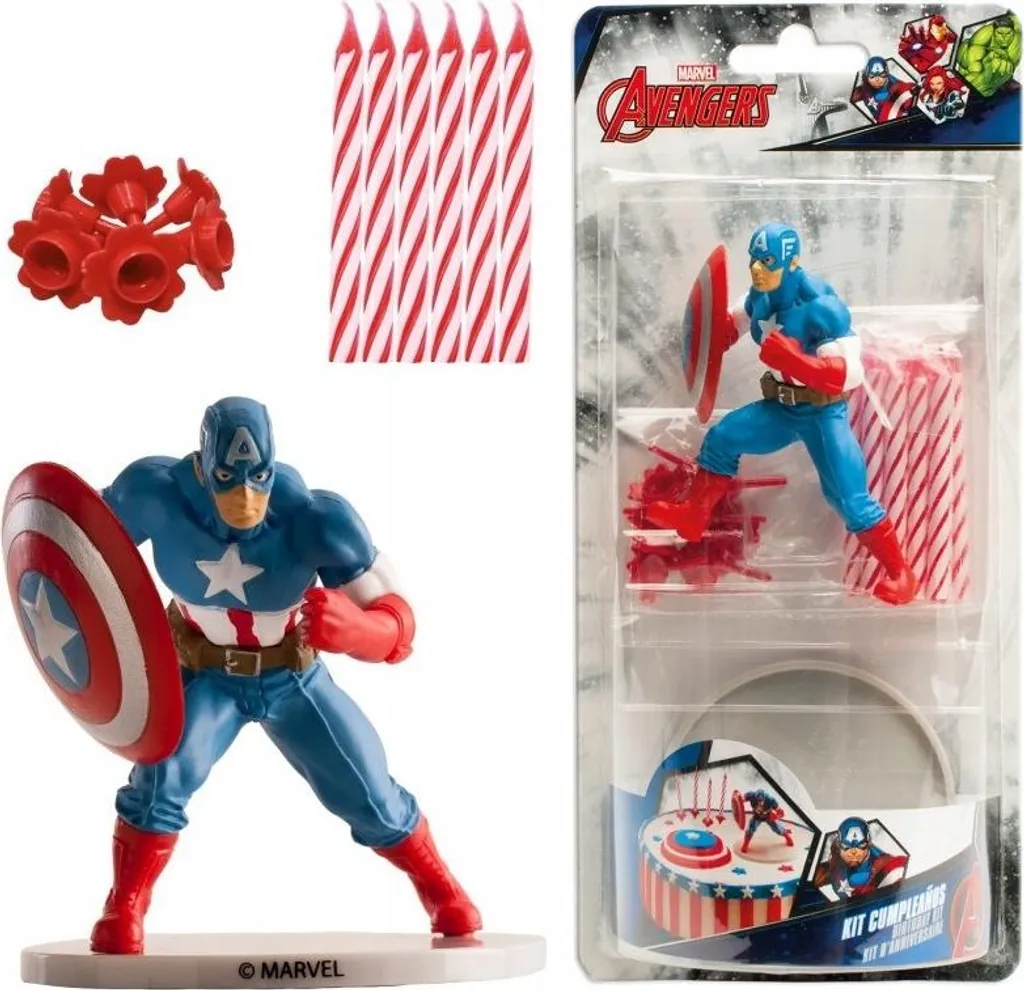 Déco gâteau anniversaire Captain America : figurine PVC et bougies bleues