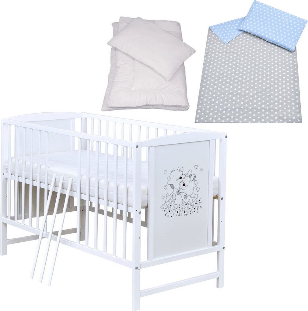 Baby-Delux Babybett Gitterbett Mia weiß 120x60 Bettset 4-Tlg. Matratze verschiedene Designs Sterne Blau Grau