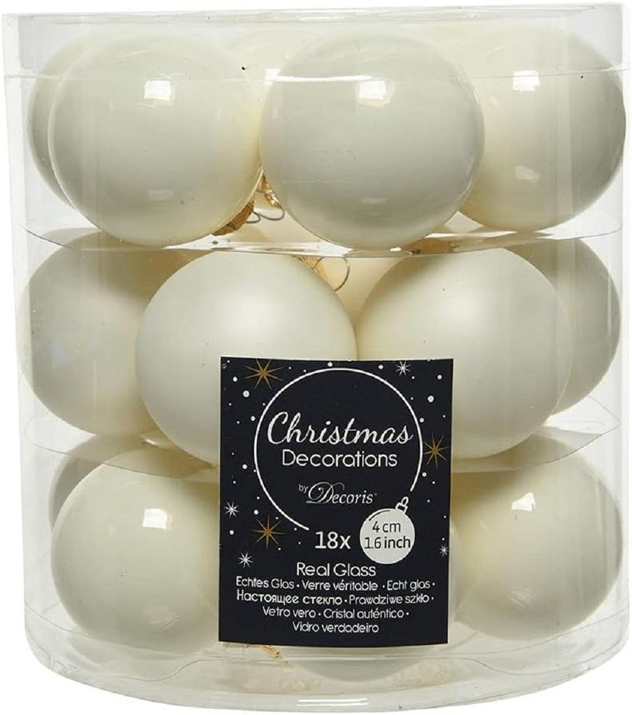 Set aus 18 Christbaumkugeln aus Glas weiß modern matt und Produktbild 